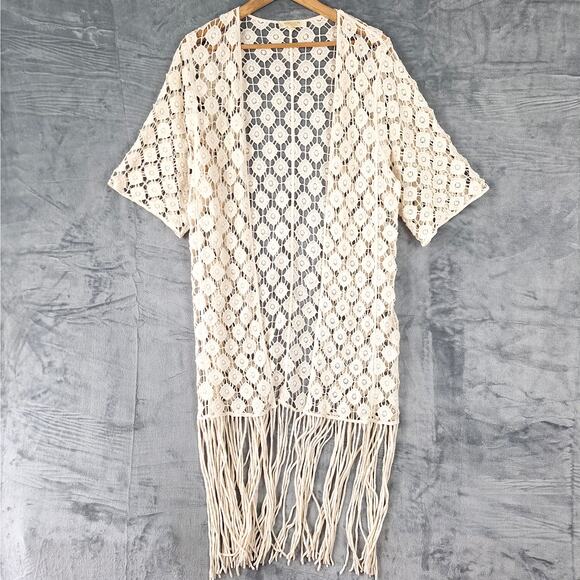 Rebellion Tops - Womens Kimono Medium Crochet Fringe Boho Cottagecore Hippie Country Western